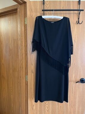 JSP Sz 6 Black Dress Asymmetric Shawl Fringe Cold Shoulder Sleeves Women